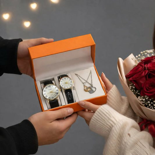 Couple Watch Set with Necklace Gift Box Luxury Combo  (3)